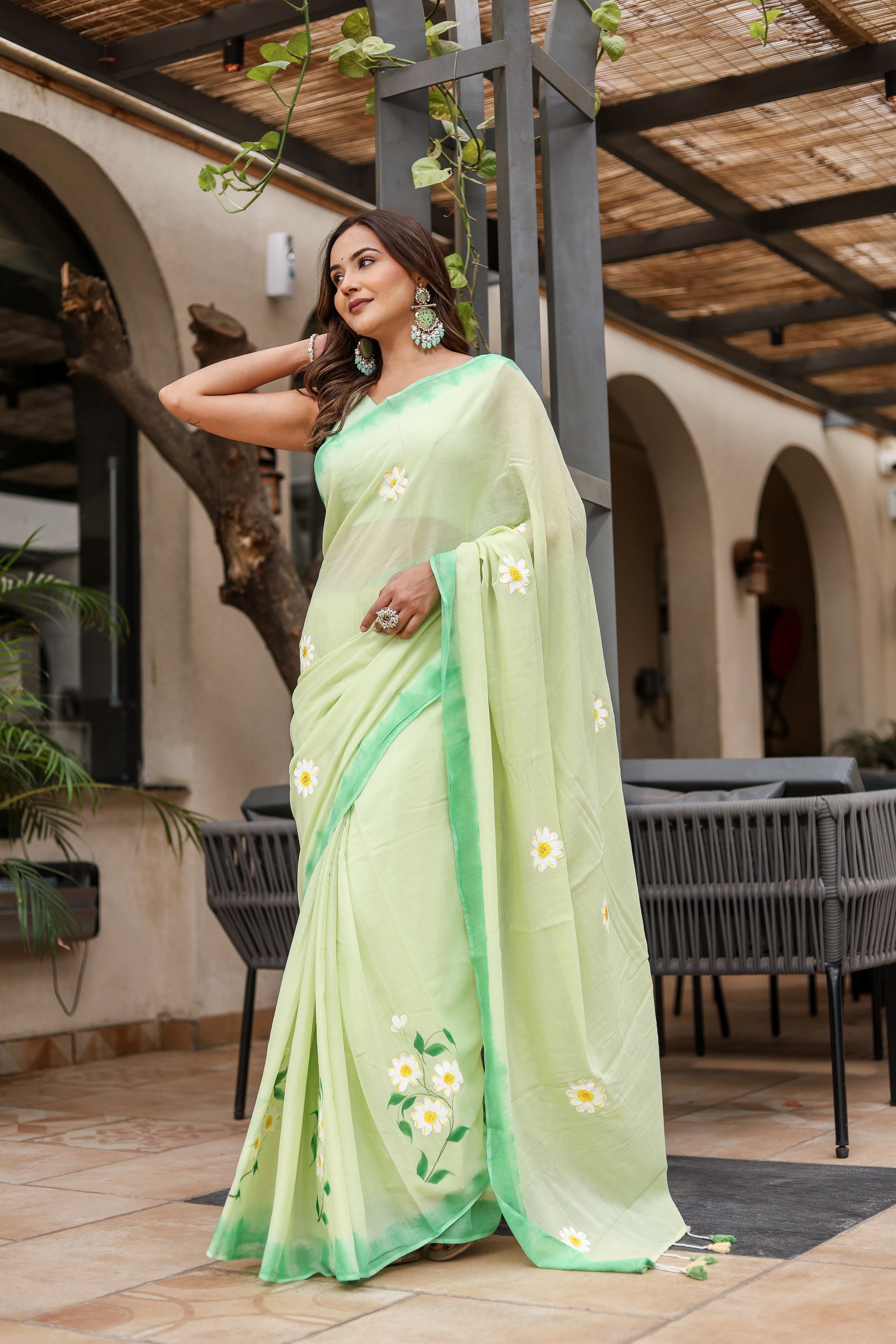 Spring Meadow (Handpainted Green Malmal Saree)