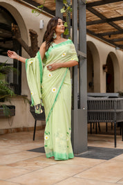 Spring Meadow (Handpainted Green Malmal Saree)