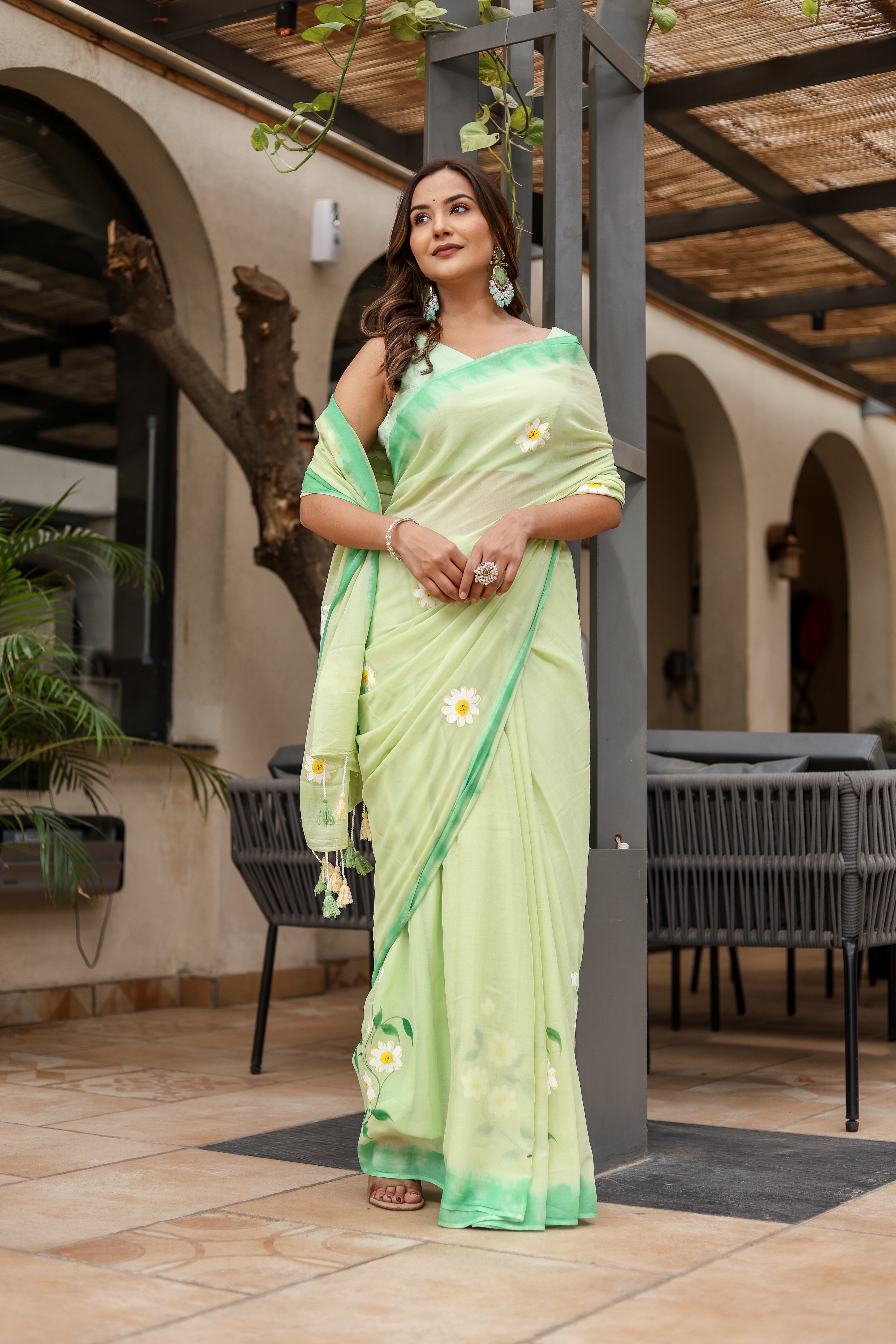 Spring Meadow (Handpainted Green Malmal Saree)