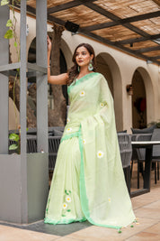 Spring Meadow (Handpainted Green Malmal Saree)
