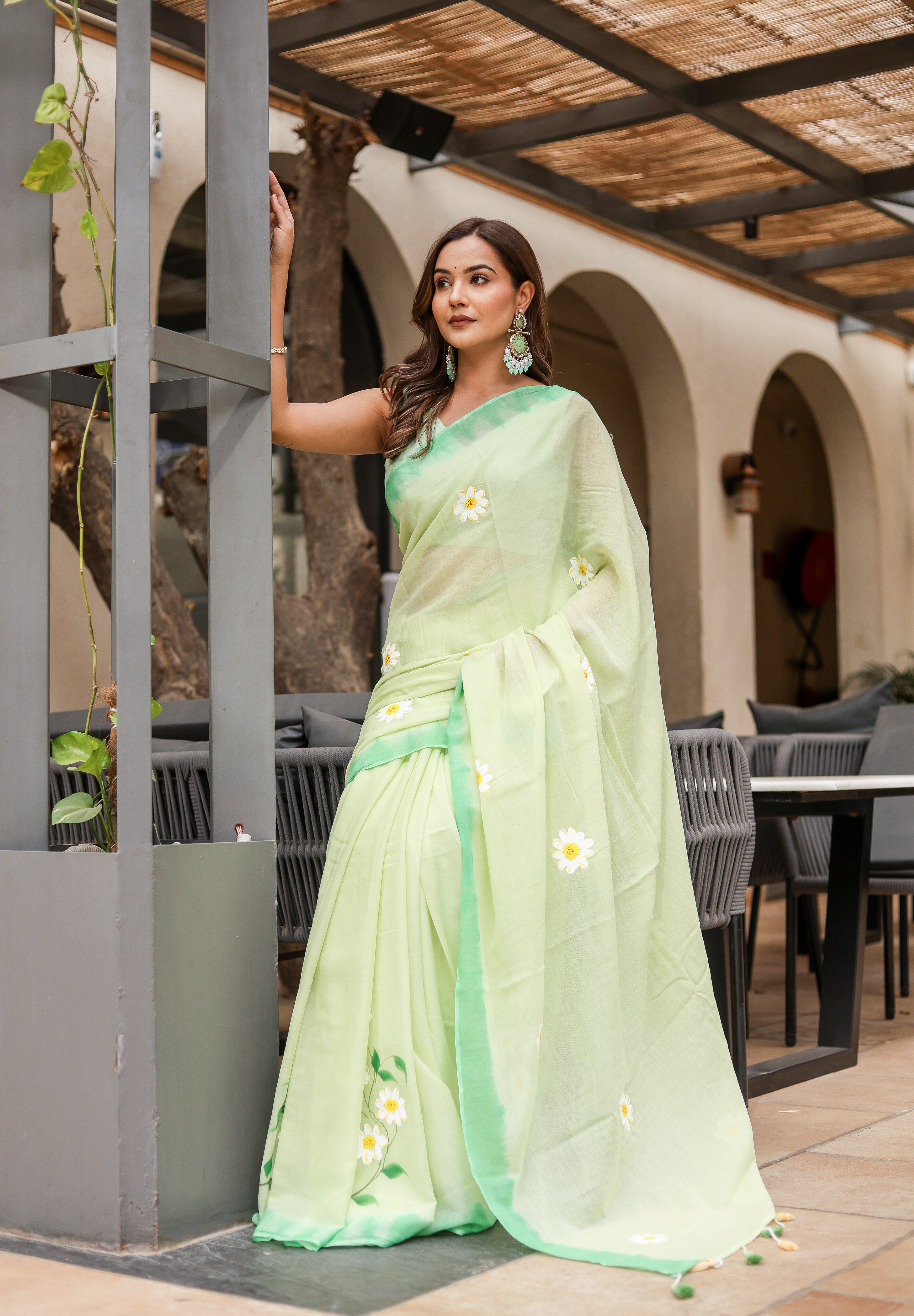 Spring Meadow (Handpainted Green Malmal Saree)