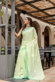 Spring Meadow (Handpainted Green Malmal Saree)