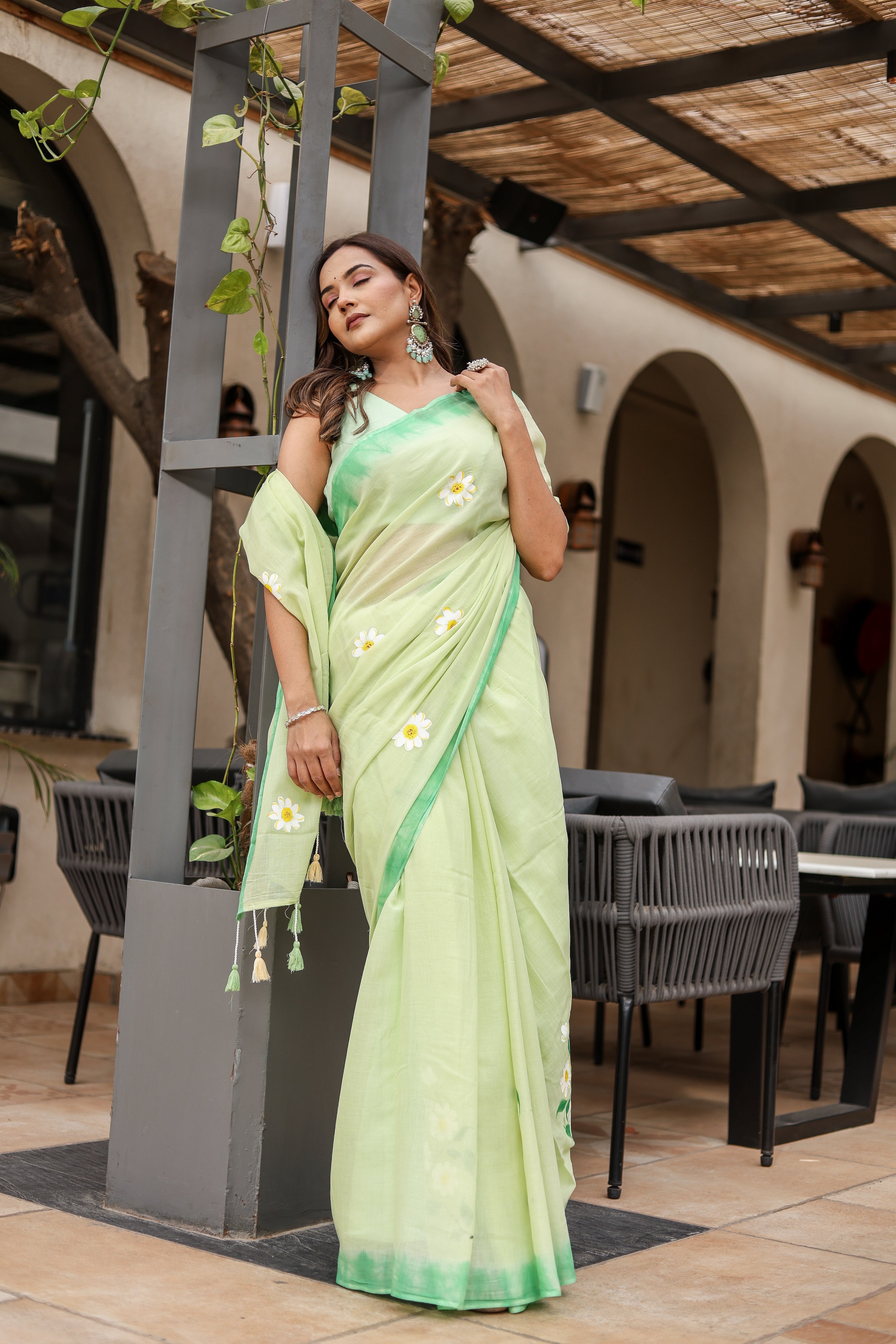 Spring Meadow (Handpainted Green Malmal Saree)