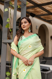 Spring Meadow (Handpainted Green Malmal Saree)