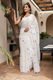 Confetti Breeze (Handpainted Malmal Creme Saree)