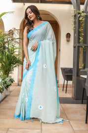 Sky Blossom (Handpainted Blue Malmal Saree)