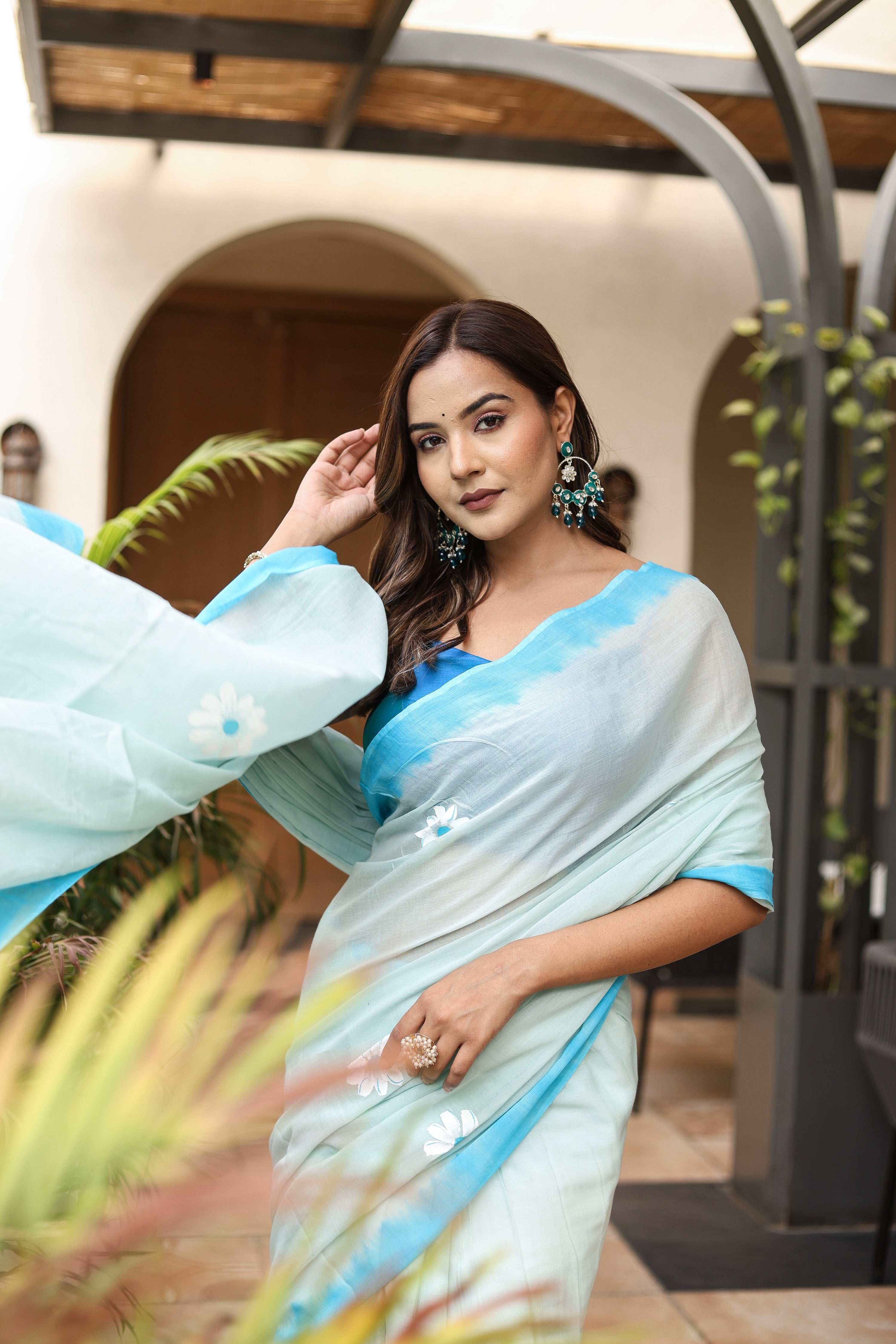 Sky Blossom (Handpainted Blue Malmal Saree)