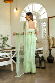 Emerald Enchantment (Embroidered Buttis Organza Pastel Green Saree)