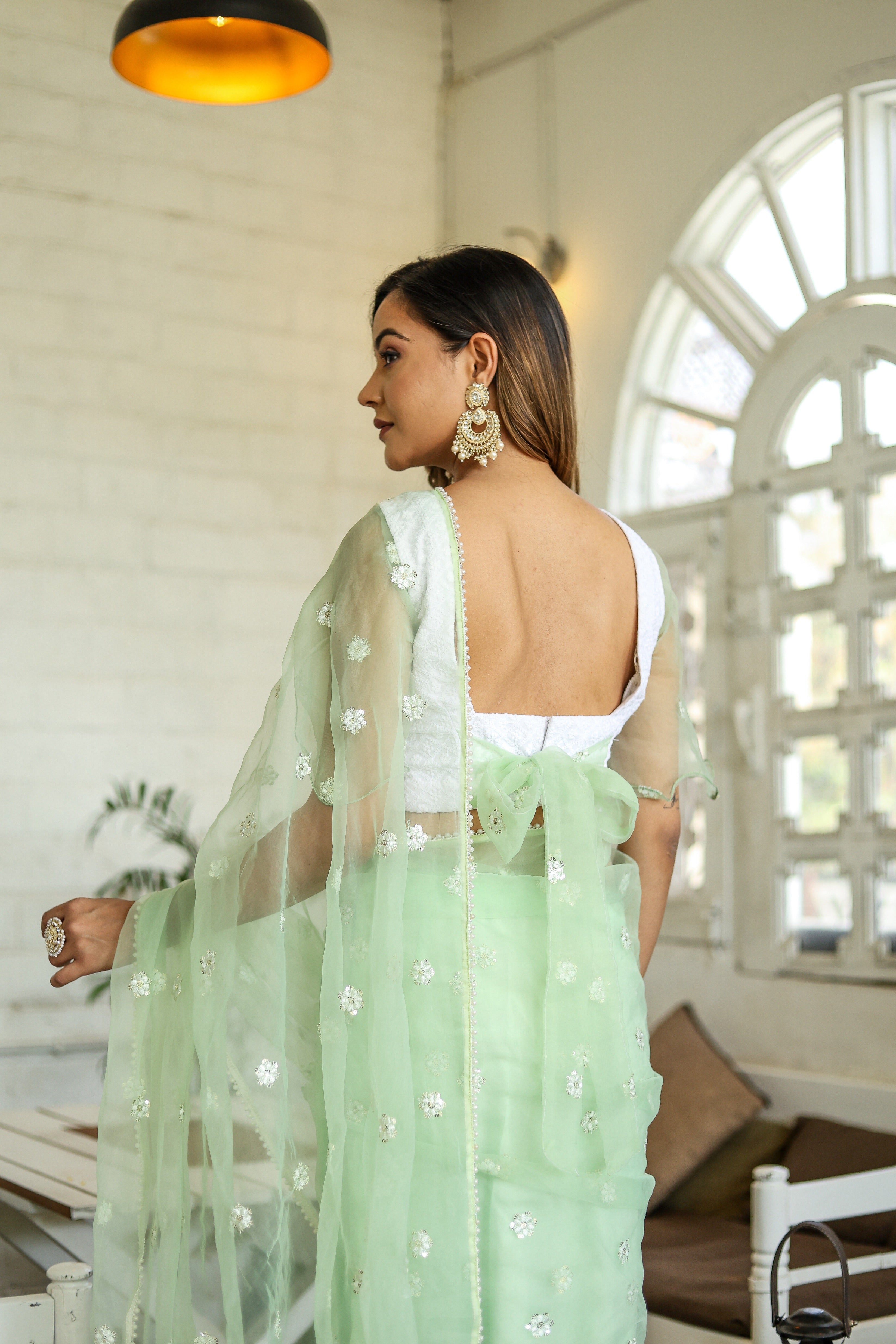 Emerald Enchantment (Embroidered Buttis Organza Pastel Green Saree)
