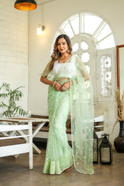 Emerald Enchantment (Embroidered Buttis Organza Pastel Green Saree)