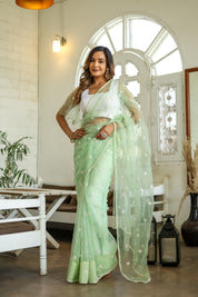 Emerald Enchantment (Embroidered Buttis Organza Pastel Green Saree)