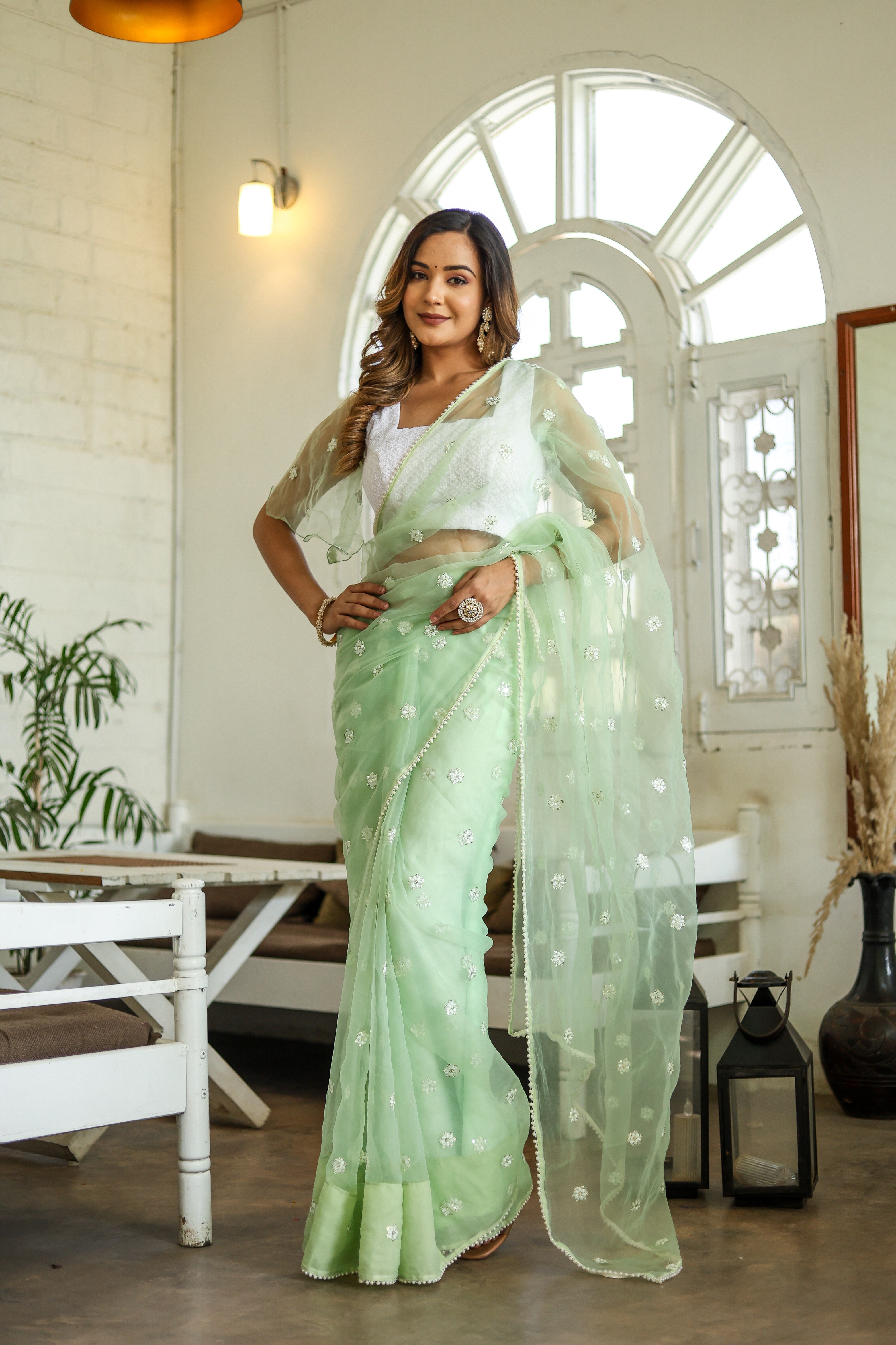 Emerald Enchantment (Embroidered Buttis Organza Pastel Green Saree)