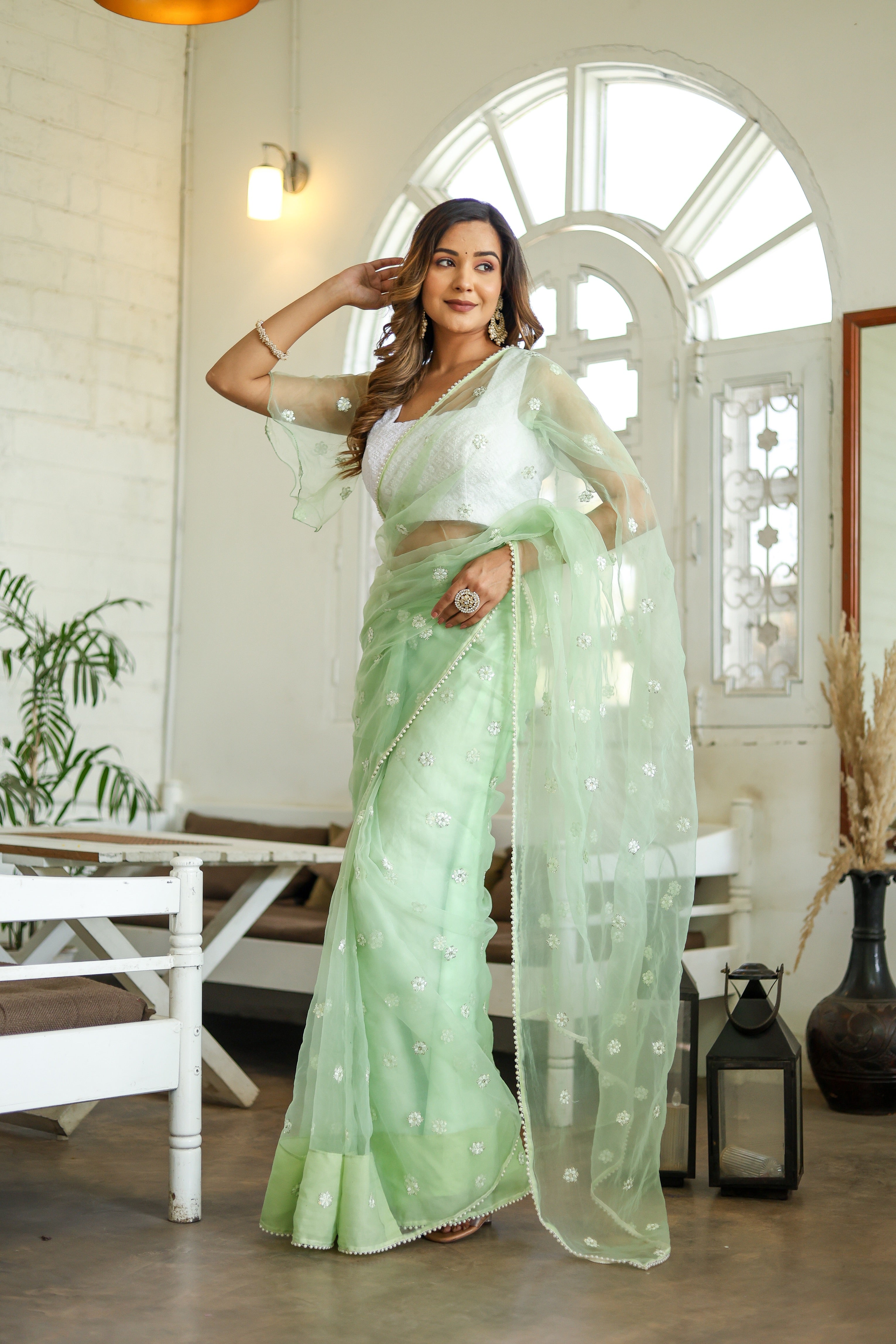 Emerald Enchantment (Embroidered Buttis Organza Pastel Green Saree)