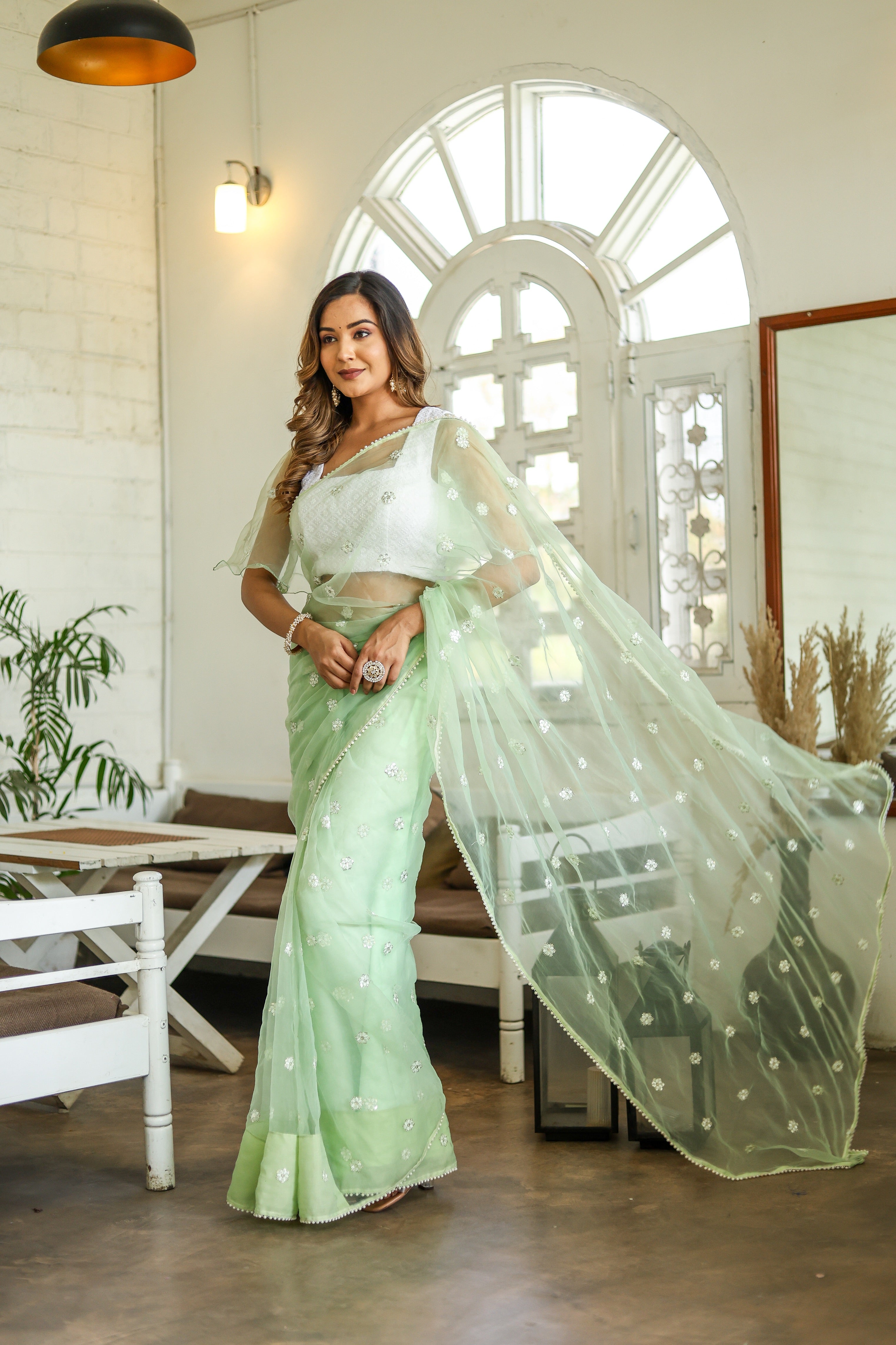 Emerald Enchantment (Embroidered Buttis Organza Pastel Green Saree)