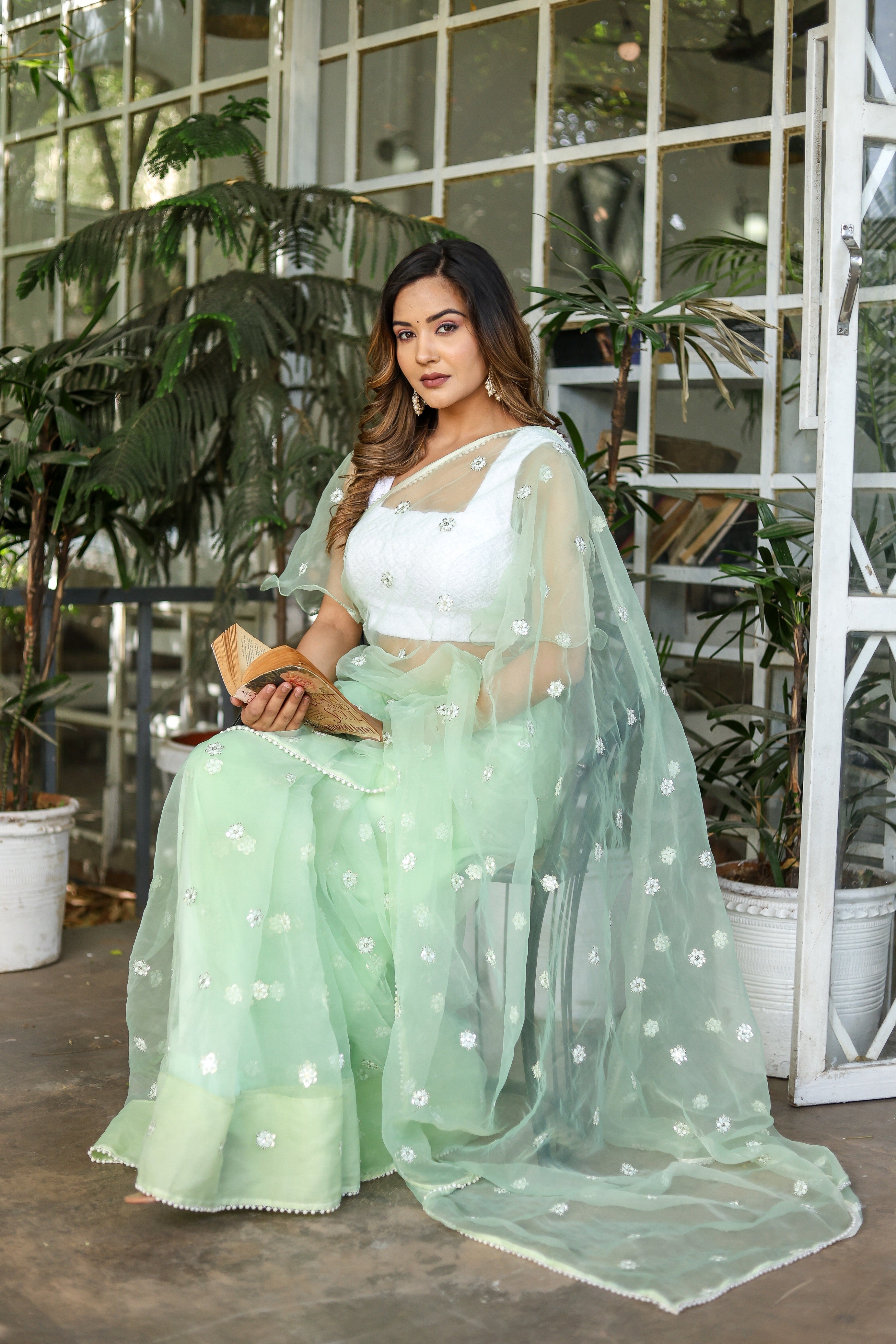 Emerald Enchantment (Embroidered Buttis Organza Pastel Green Saree)