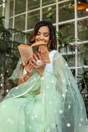 Emerald Enchantment (Embroidered Buttis Organza Pastel Green Saree)