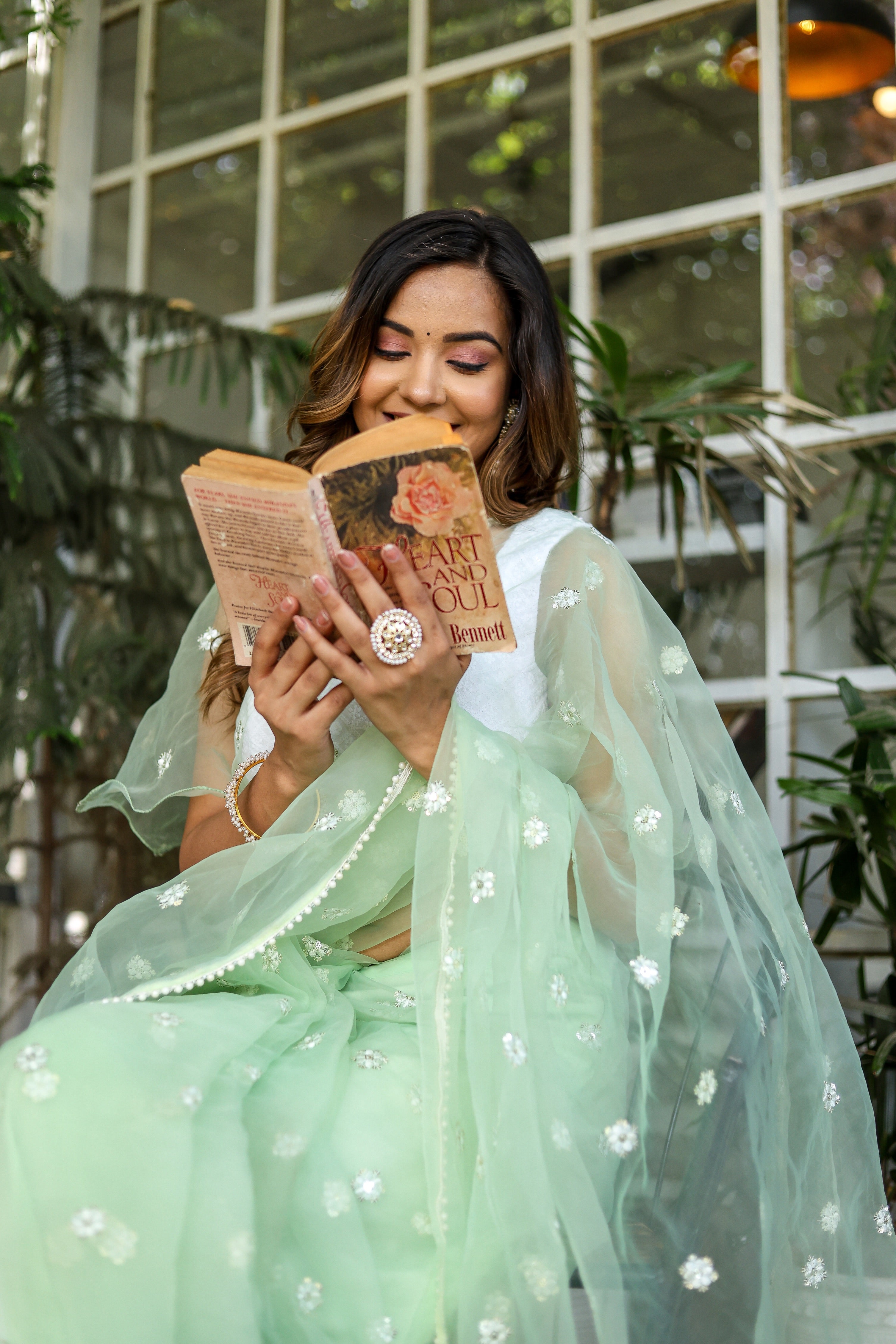 Emerald Enchantment (Embroidered Buttis Organza Pastel Green Saree)