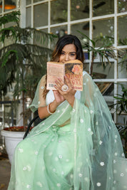 Emerald Enchantment (Embroidered Buttis Organza Pastel Green Saree)