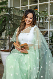 Emerald Enchantment (Embroidered Buttis Organza Pastel Green Saree)
