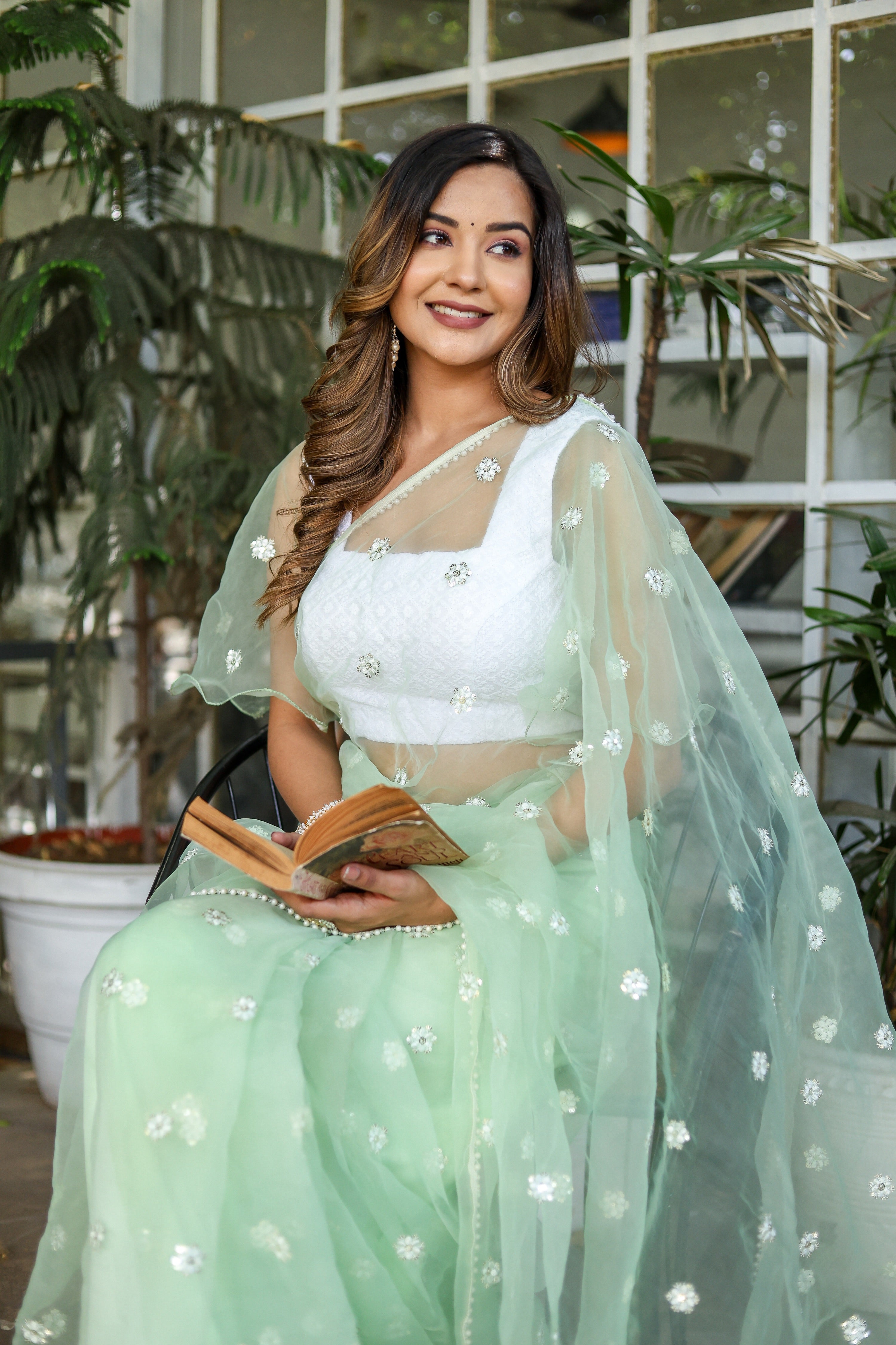 Emerald Enchantment (Embroidered Buttis Organza Pastel Green Saree)
