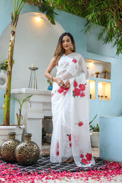 Snowdrop Whisper (Organza Ivory Handpainted Saree)