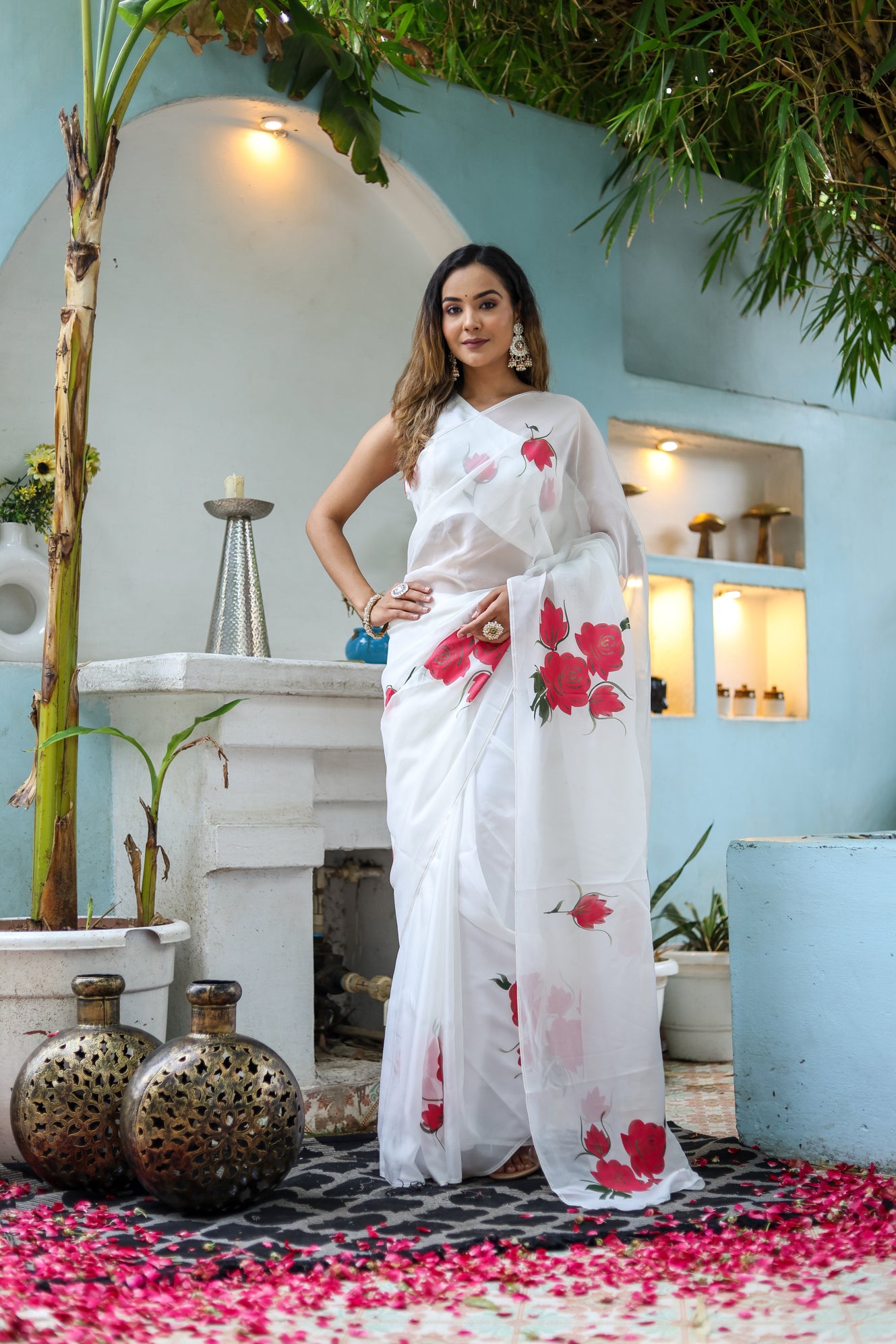Snowdrop Whisper (Organza Ivory Handpainted Saree)