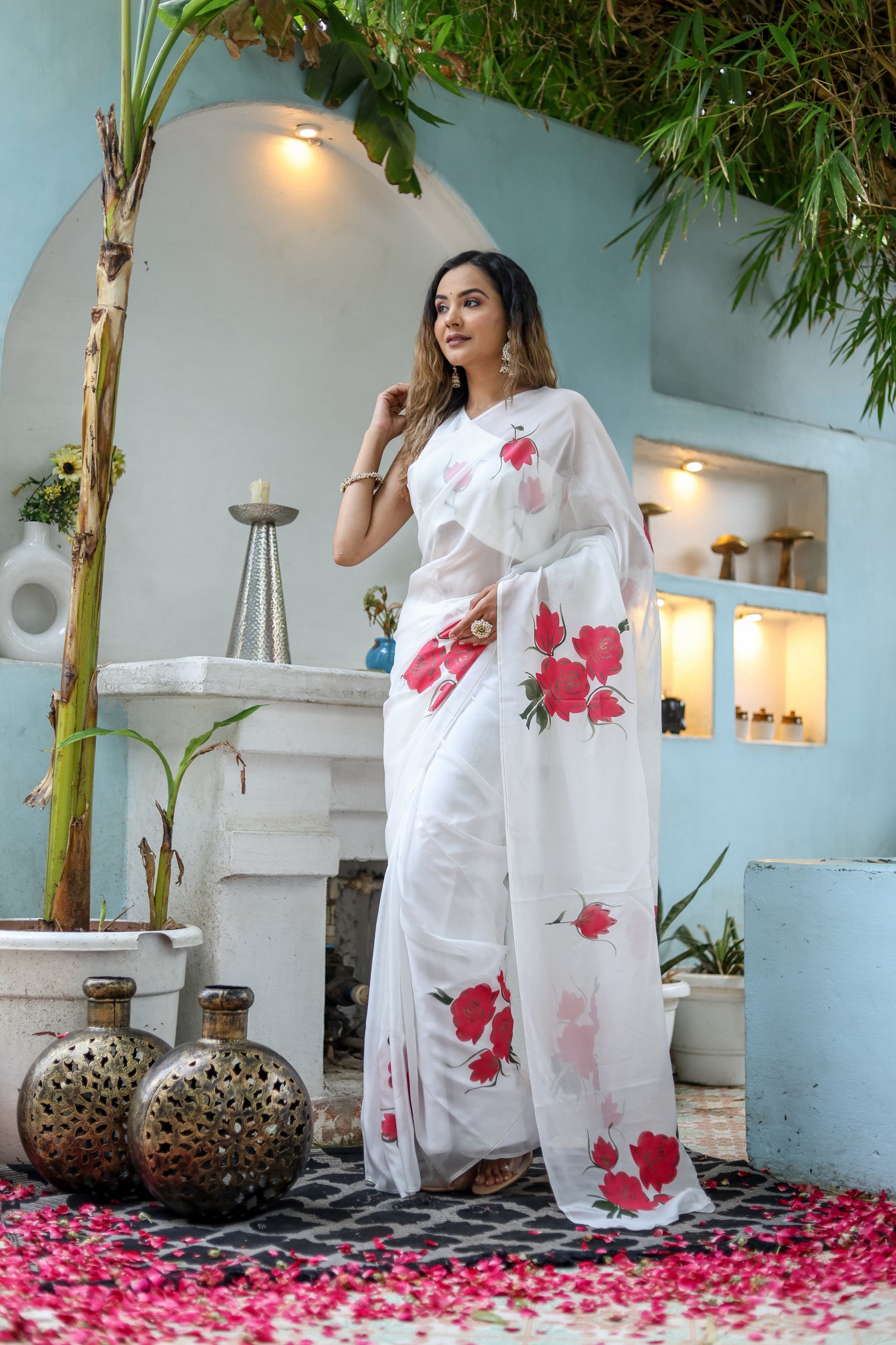 Snowdrop Whisper (Organza Ivory Handpainted Saree)