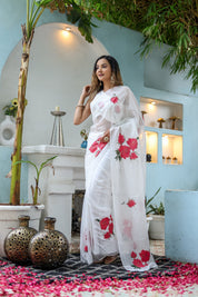 Snowdrop Whisper (Organza Ivory Handpainted Saree)