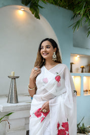Snowdrop Whisper (Organza Ivory Handpainted Saree)