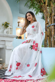 Snowdrop Whisper (Organza Ivory Handpainted Saree)
