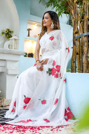 Snowdrop Whisper (Organza Ivory Handpainted Saree)