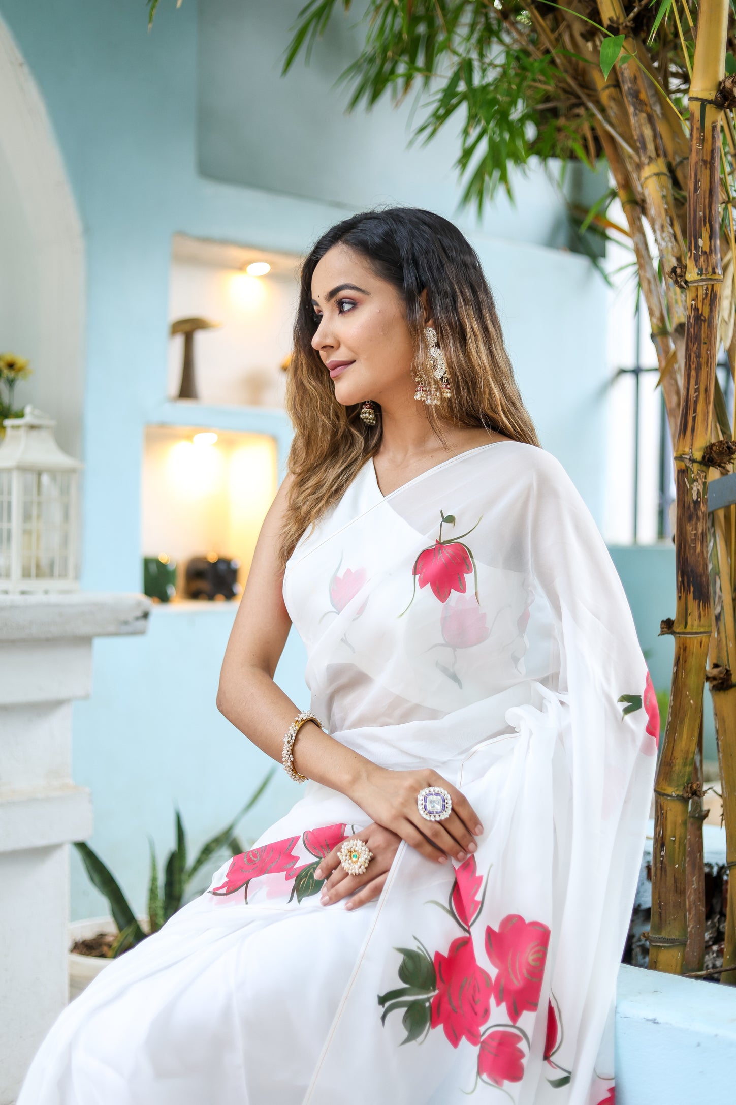 Snowdrop Whisper (Organza Ivory Handpainted Saree)