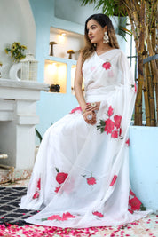 Snowdrop Whisper (Organza Ivory Handpainted Saree)