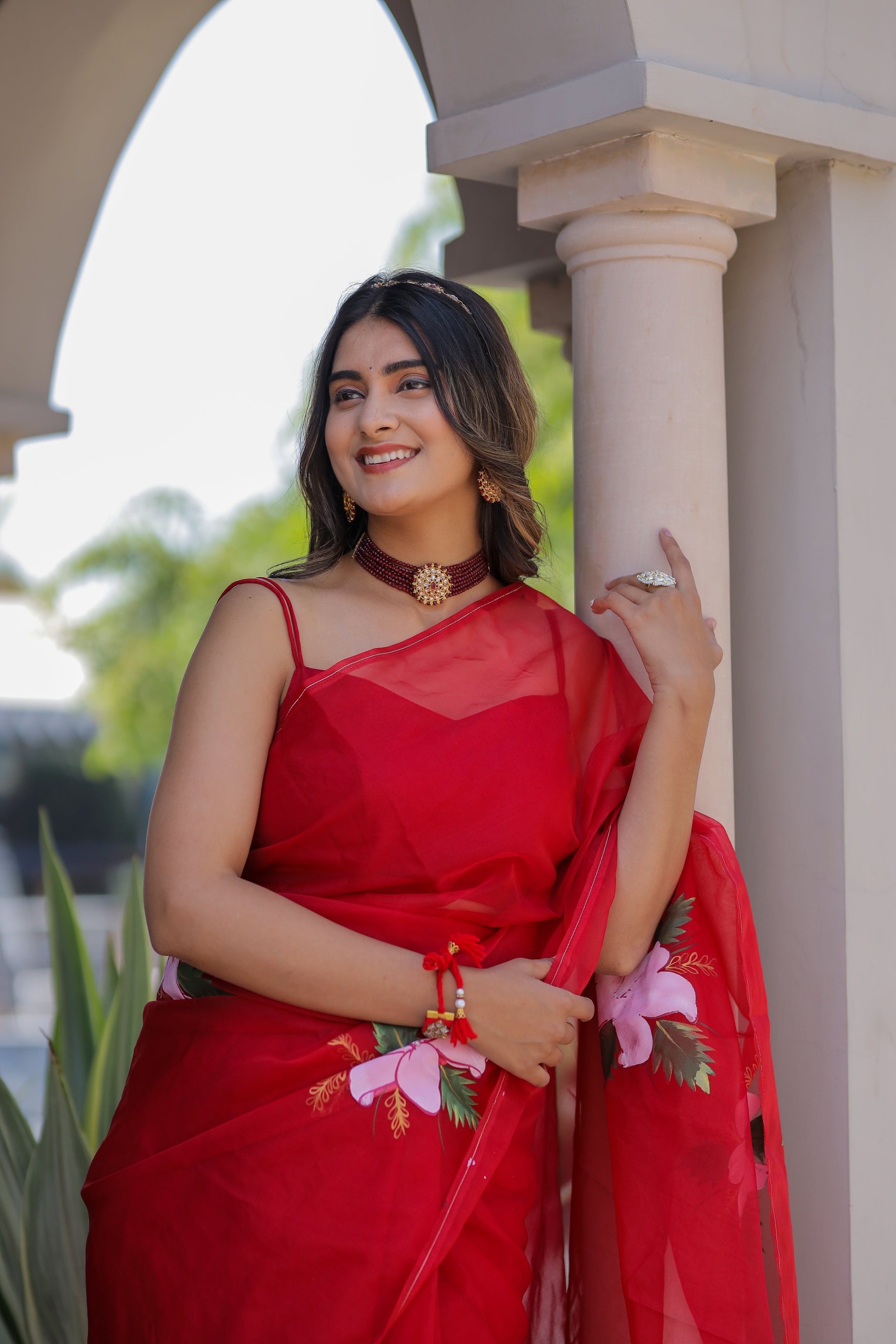 Ruby Radiance (Handpainted Red Organza Saree)