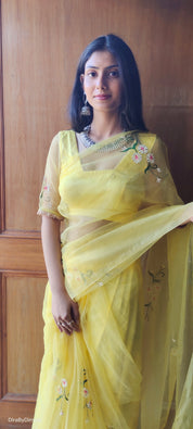Sunflower Splendor (Pure Organza Handpainted Saree)