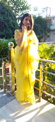 Sunflower Splendor (Pure Organza Handpainted Saree)