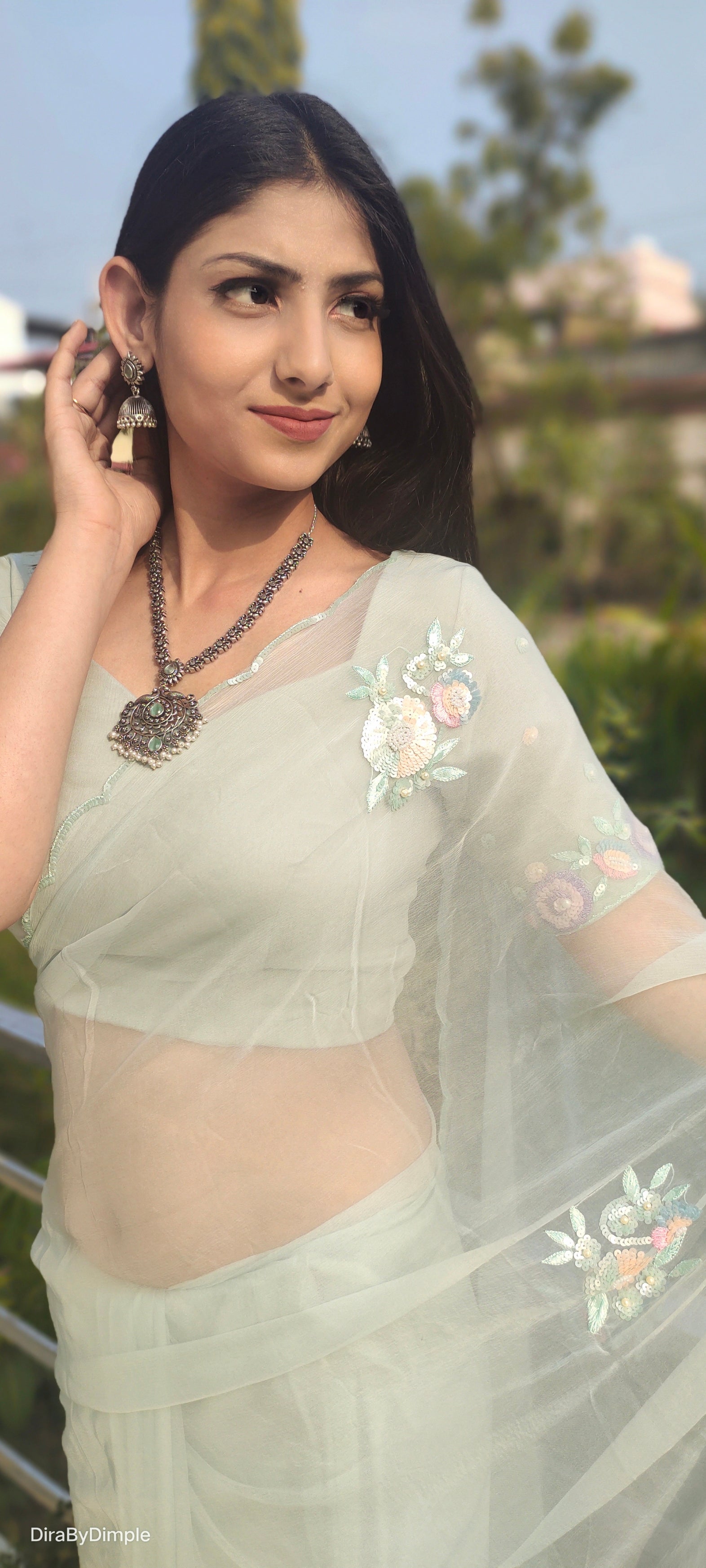 Glitter Grace (Pastel Chiffon Saree with Thread and Sequins Handwork Buttis)