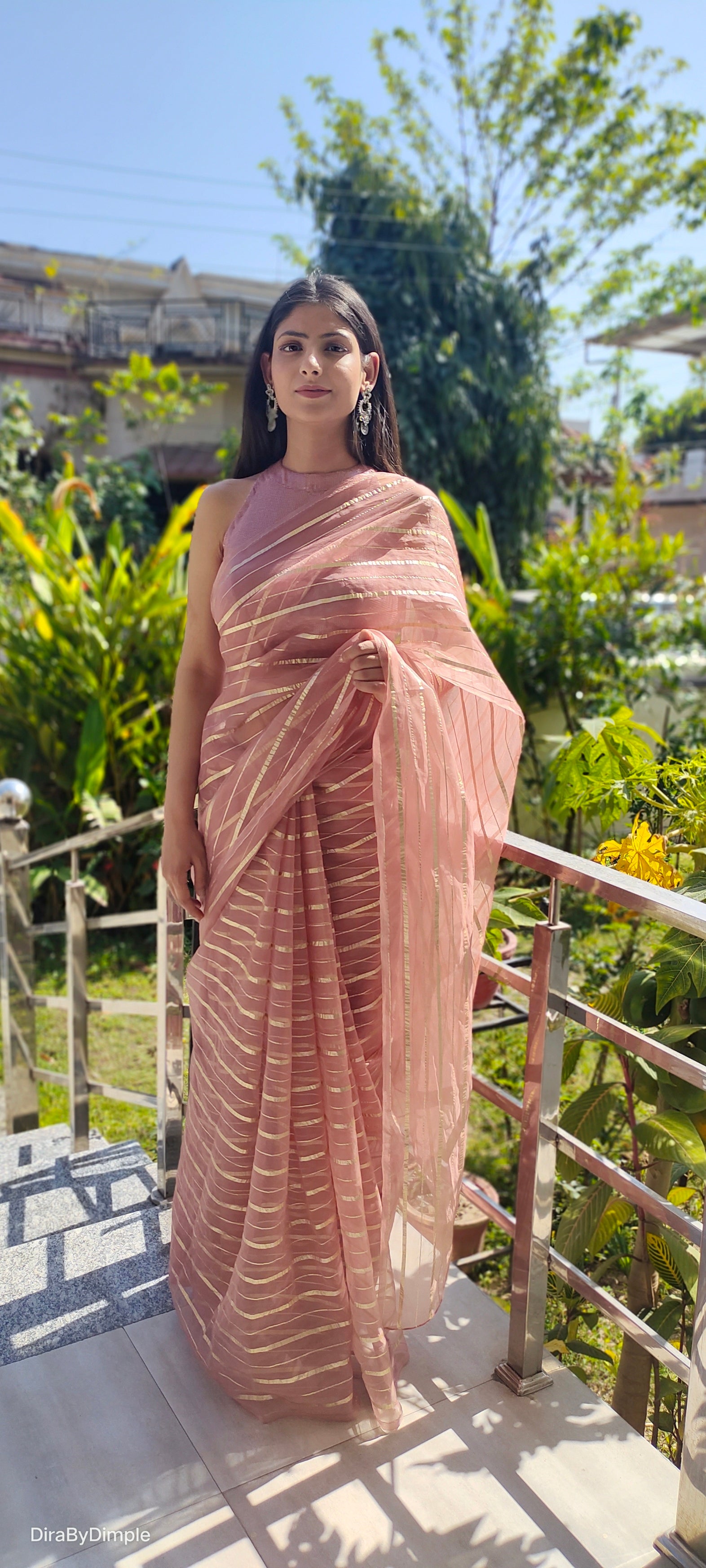 Rose Gold Bliss (Zari Striped Organza Saree)