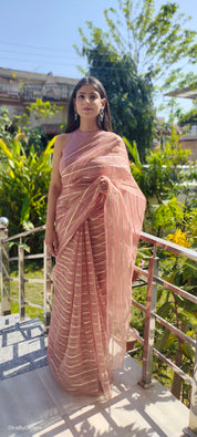Rose Gold Bliss (Zari Striped Organza Saree)