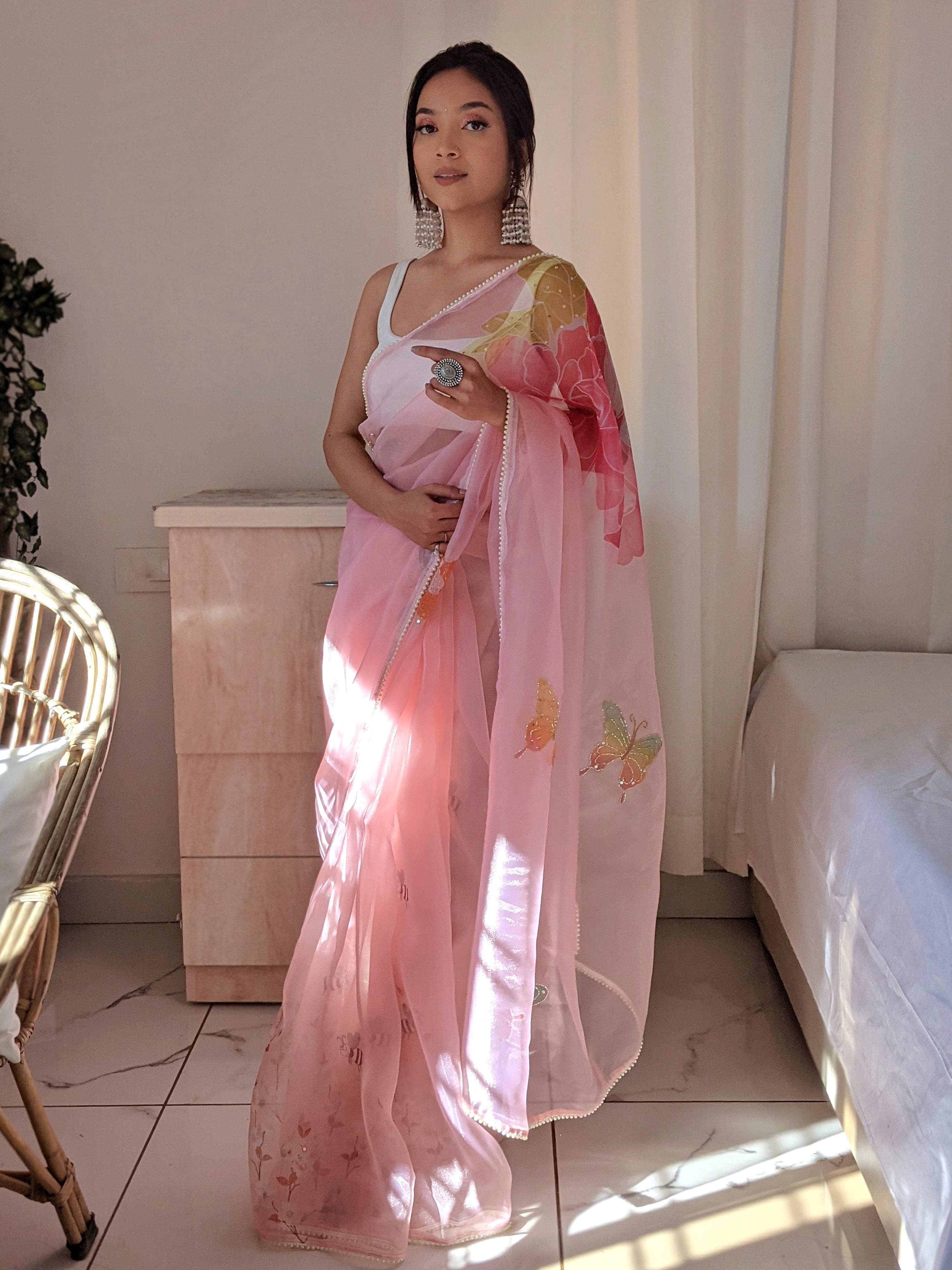 Blush Vibe (Pure Organza Hand Painted Saree)