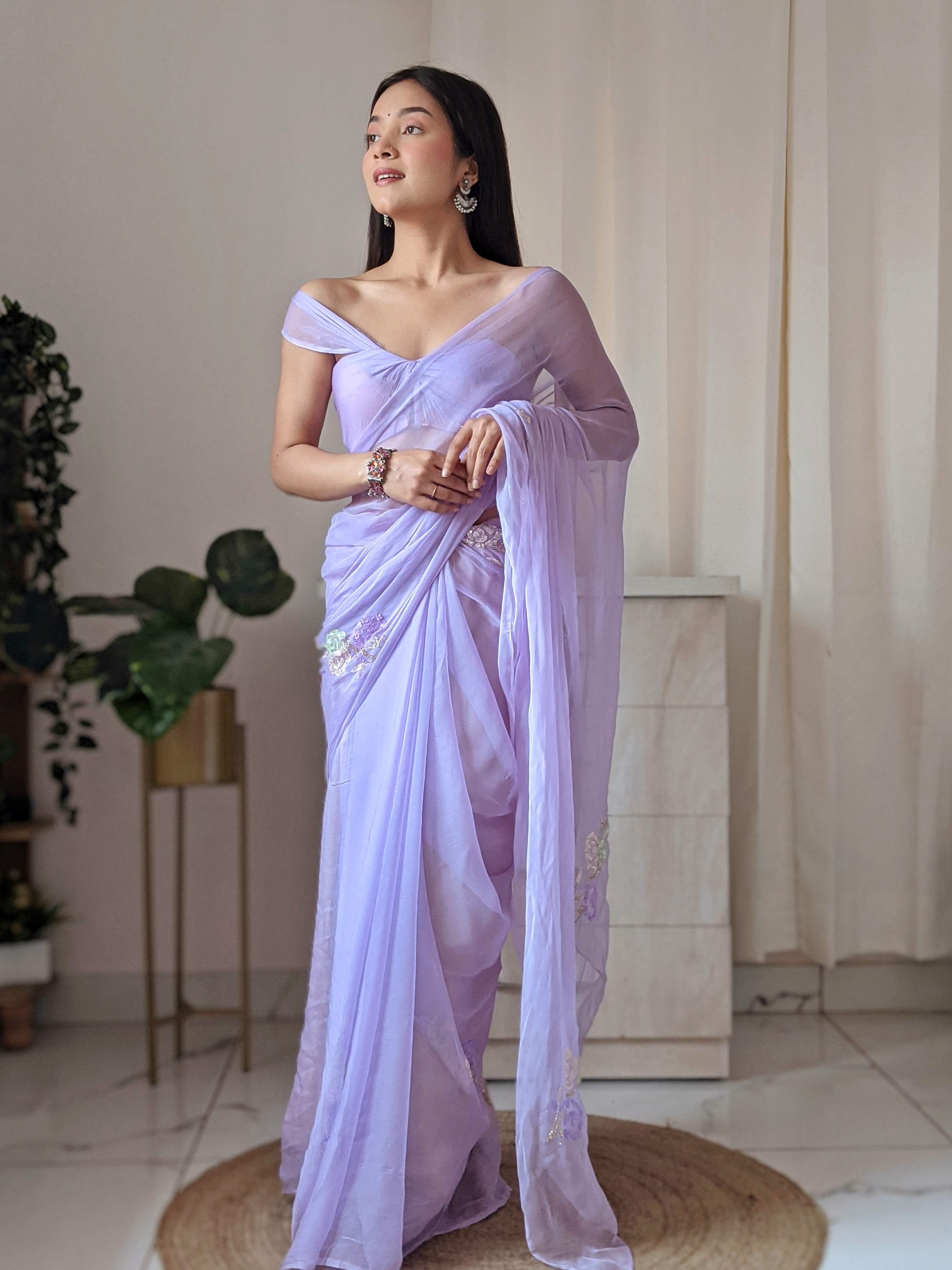 Bouquet of Lavender (Sequins work Chiffon Saree)