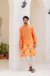 Orange Blossom Kurta (Pure Chanderi Silk Handpainted Kurta)