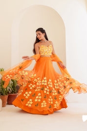 Raag Bhimpalasi (Handpainted Orange Pure Organza Lehenga)
