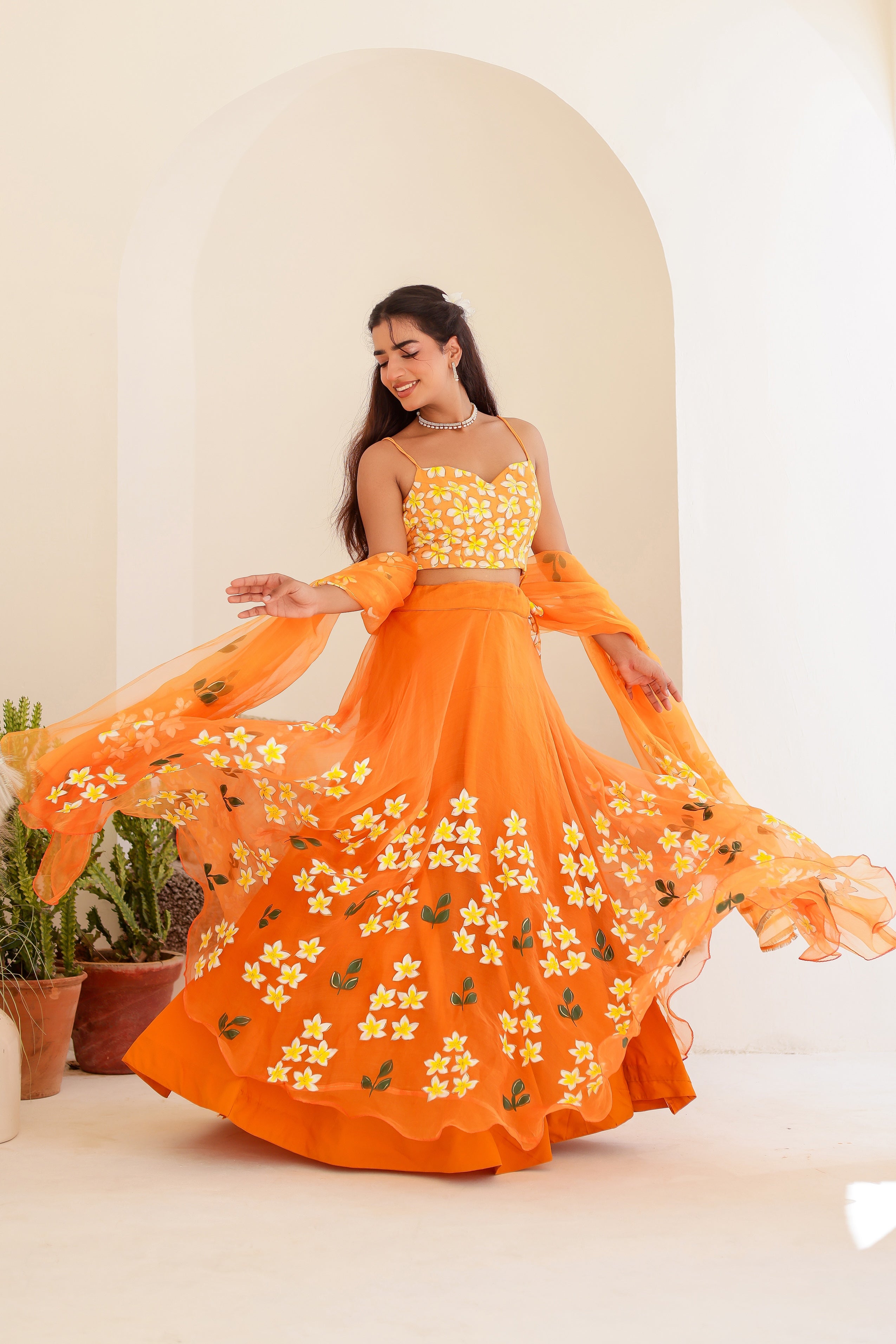 Raag Bhimpalasi (Handpainted Orange Pure Organza Lehenga)