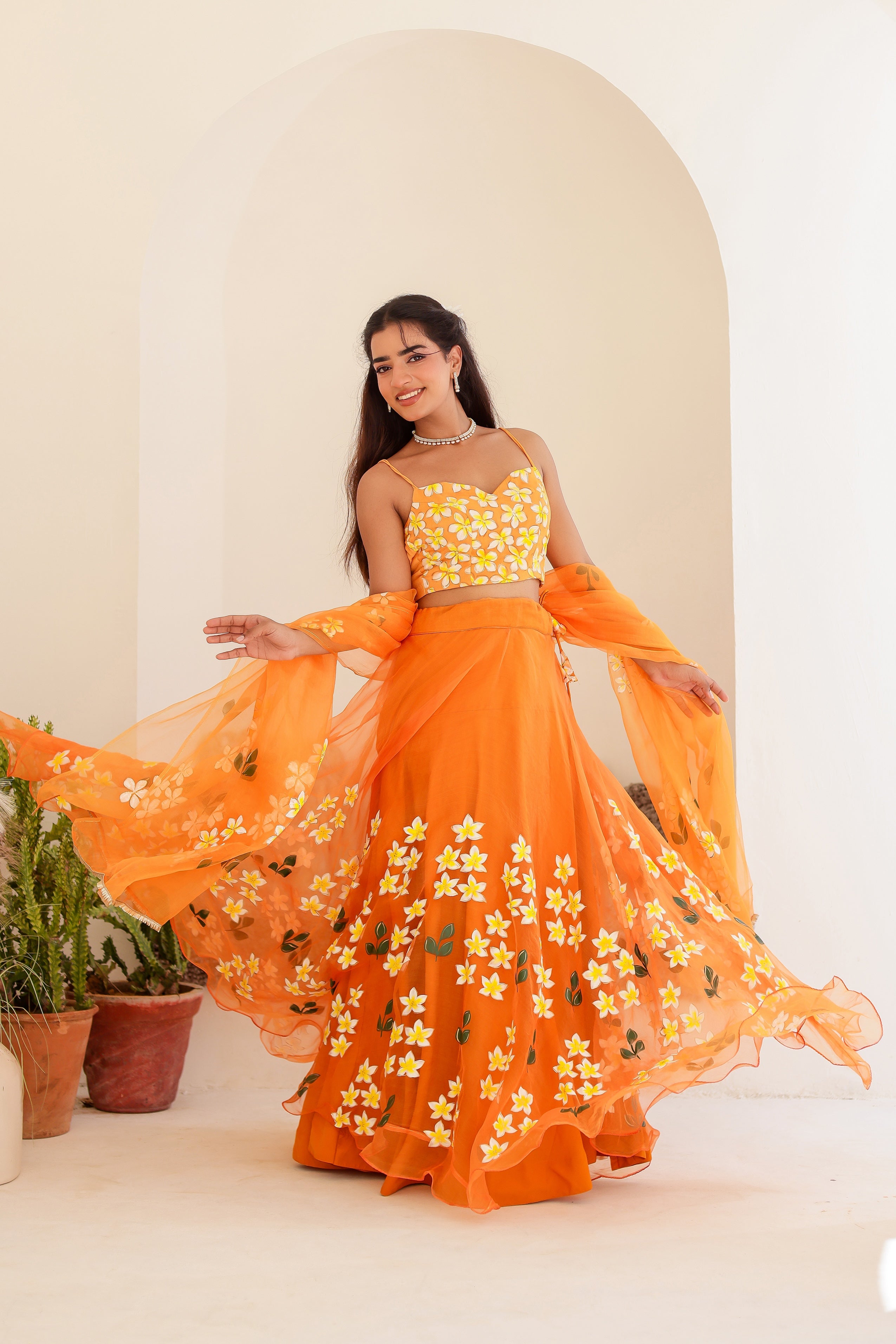 Raag Bhimpalasi (Handpainted Orange Pure Organza Lehenga)