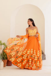 Raag Bhimpalasi (Handpainted Orange Pure Organza Lehenga)