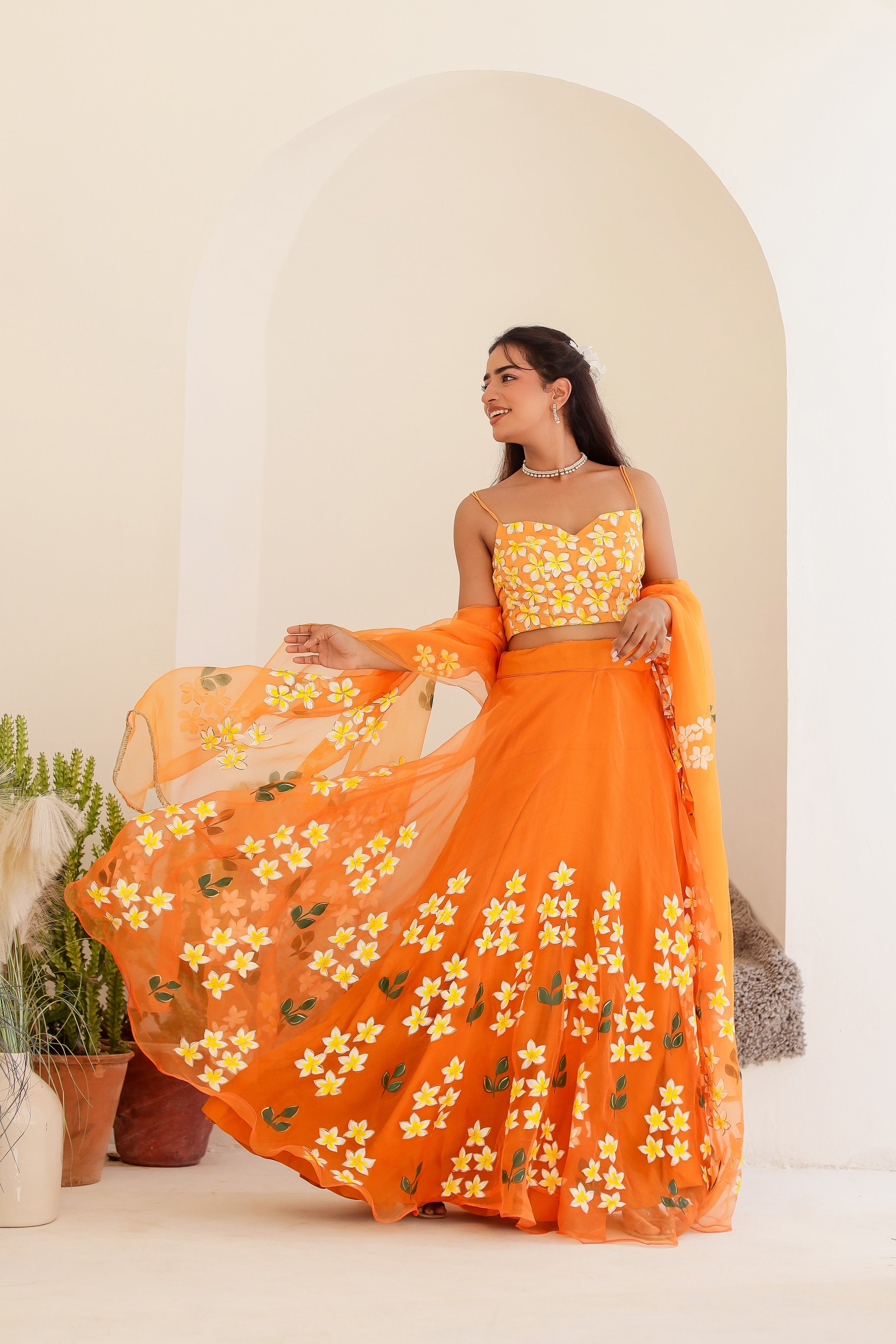 Raag Bhimpalasi (Handpainted Orange Pure Organza Lehenga)