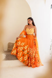 Raag Bhimpalasi (Handpainted Orange Pure Organza Lehenga)
