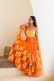Raag Bhimpalasi (Handpainted Orange Pure Organza Lehenga)