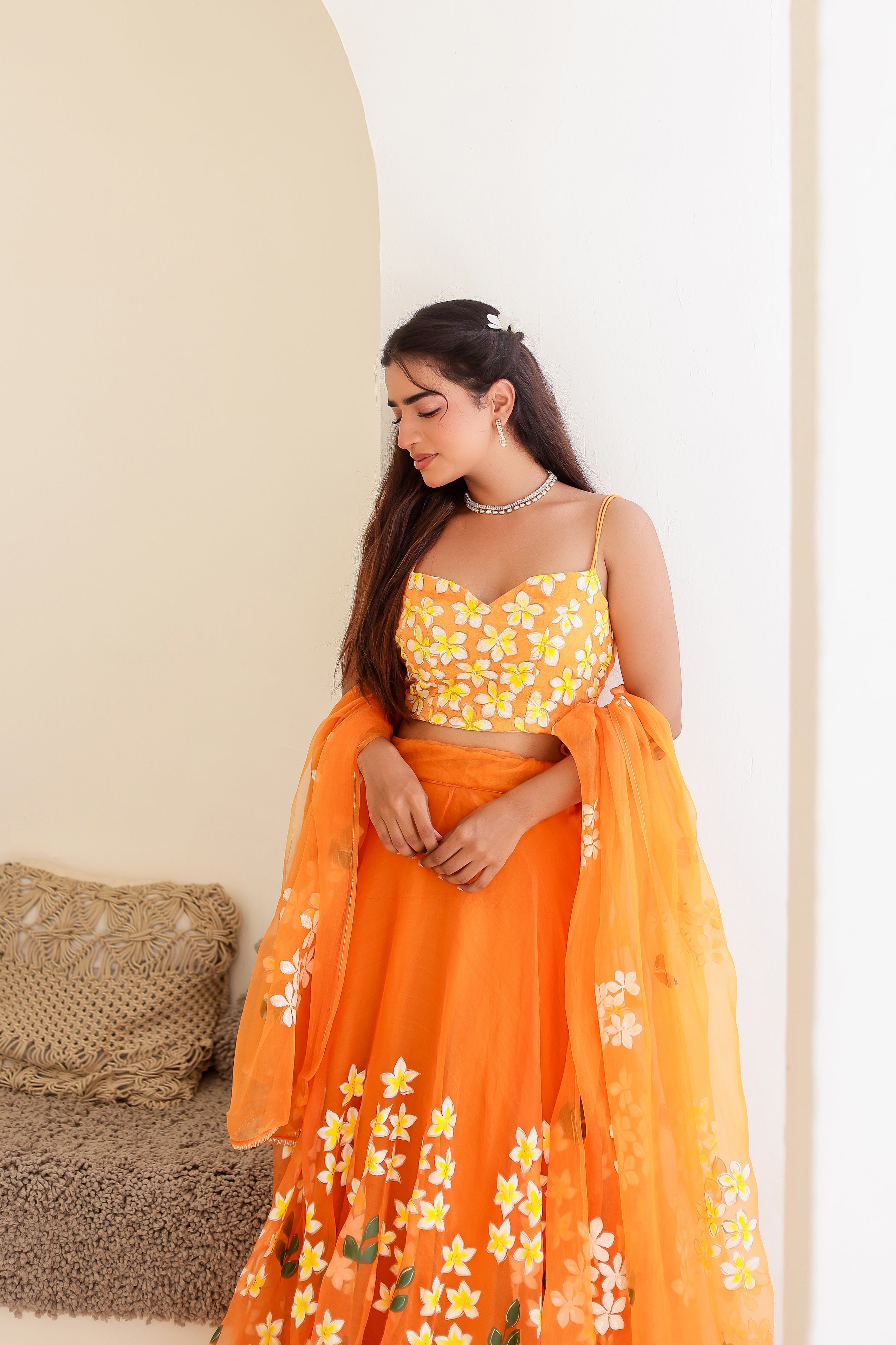 Raag Bhimpalasi (Handpainted Orange Pure Organza Lehenga)